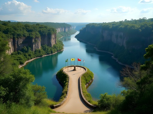 Tri-border landmark where Brazil, Argentina and Paraguay meet with river view