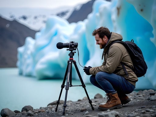 Sound engineer recording glacier sounds at Franz Josef with professional audio equipment