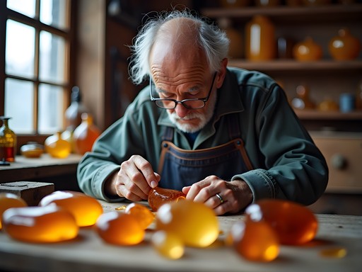 Lithuanian craftsman working with amber in traditional workshop in Klaipeda