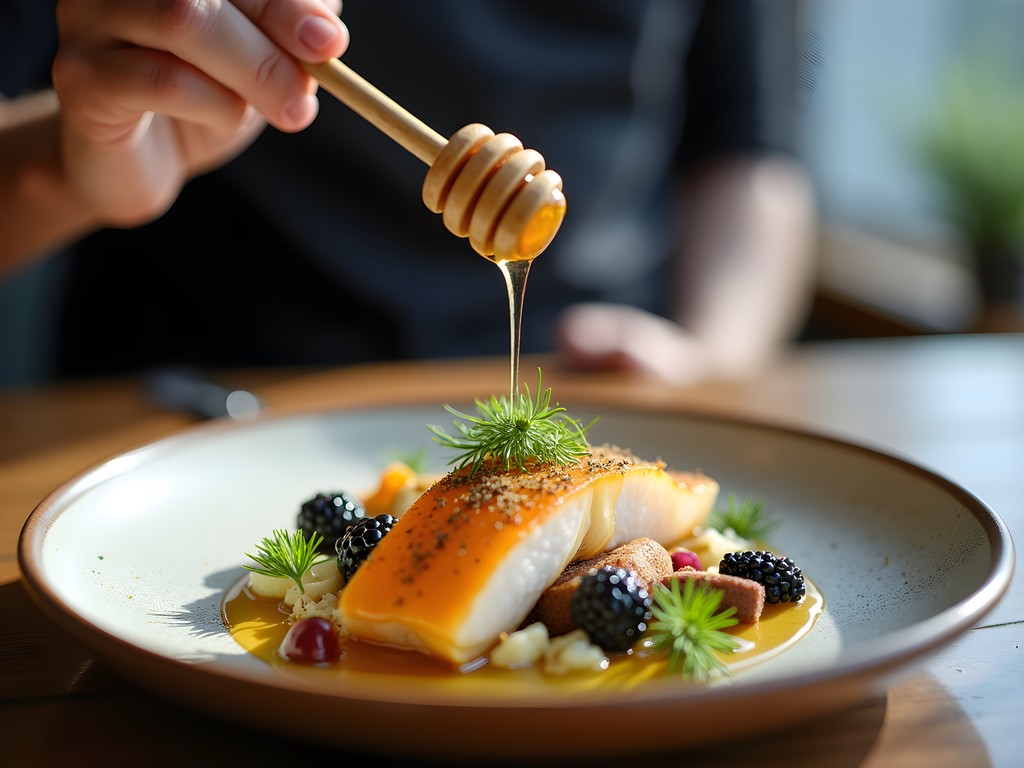 Traditional Baltic cuisine featuring amber-colored honey being drizzled over smoked fish in Klaipeda restaurant