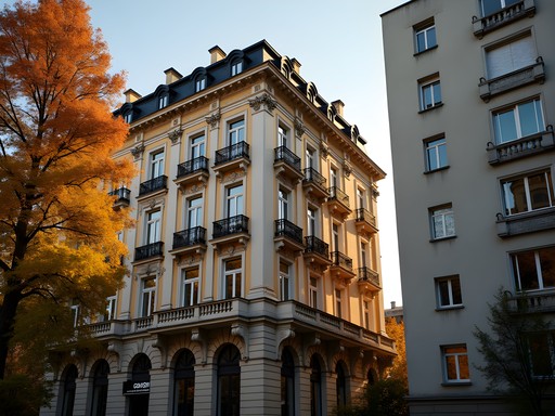 Architectural contrast in Bucharest showing Belle Époque building next to communist-era structure in autumn light