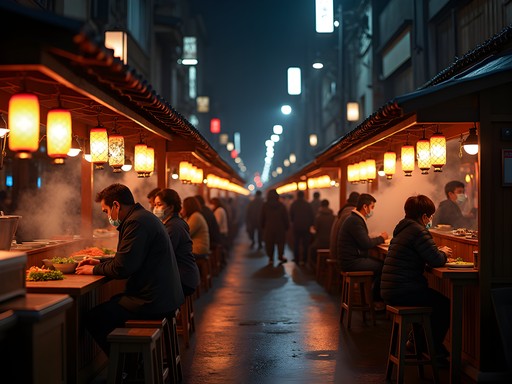 Atmospheric night scene of yatai food stalls in Fukuoka with lanterns and steam
