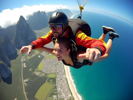 Tandem skydivers in freefall over Plettenberg Bay on South Africa's Garden Route
