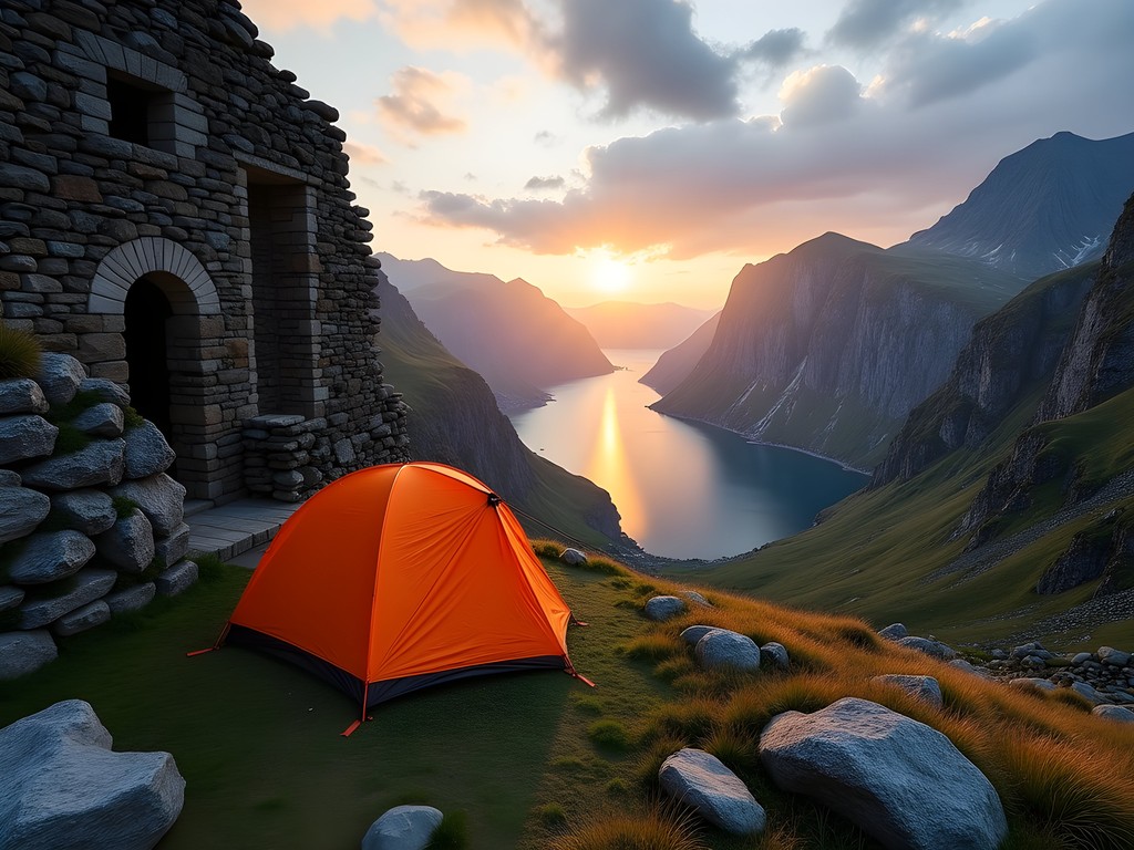 Tent set up at historic Skageflå mountain farm with sunset view over Geiranger Fjord