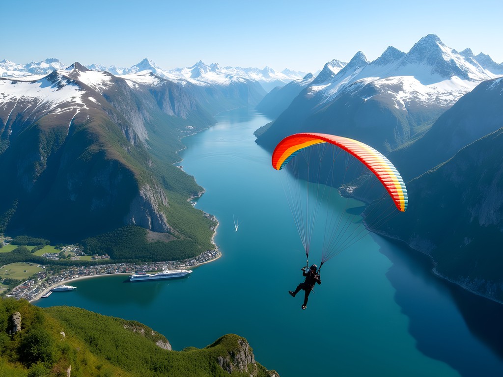 Paraglider soaring above Geiranger Fjord with cruise ships visible below