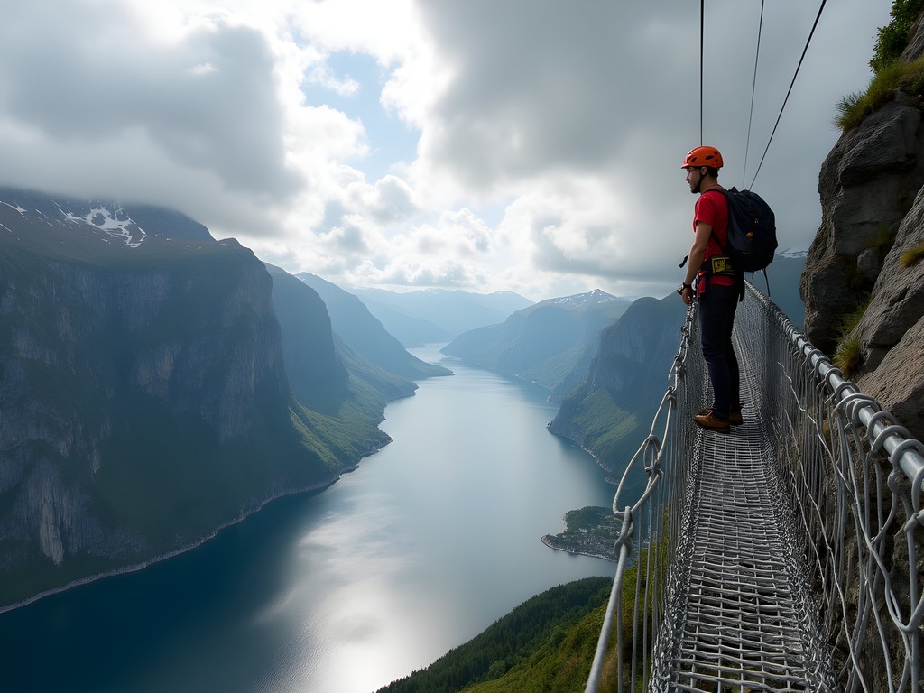 Adventurer crossing suspension bridge on Geiranger Via Ferrata with fjord view below
