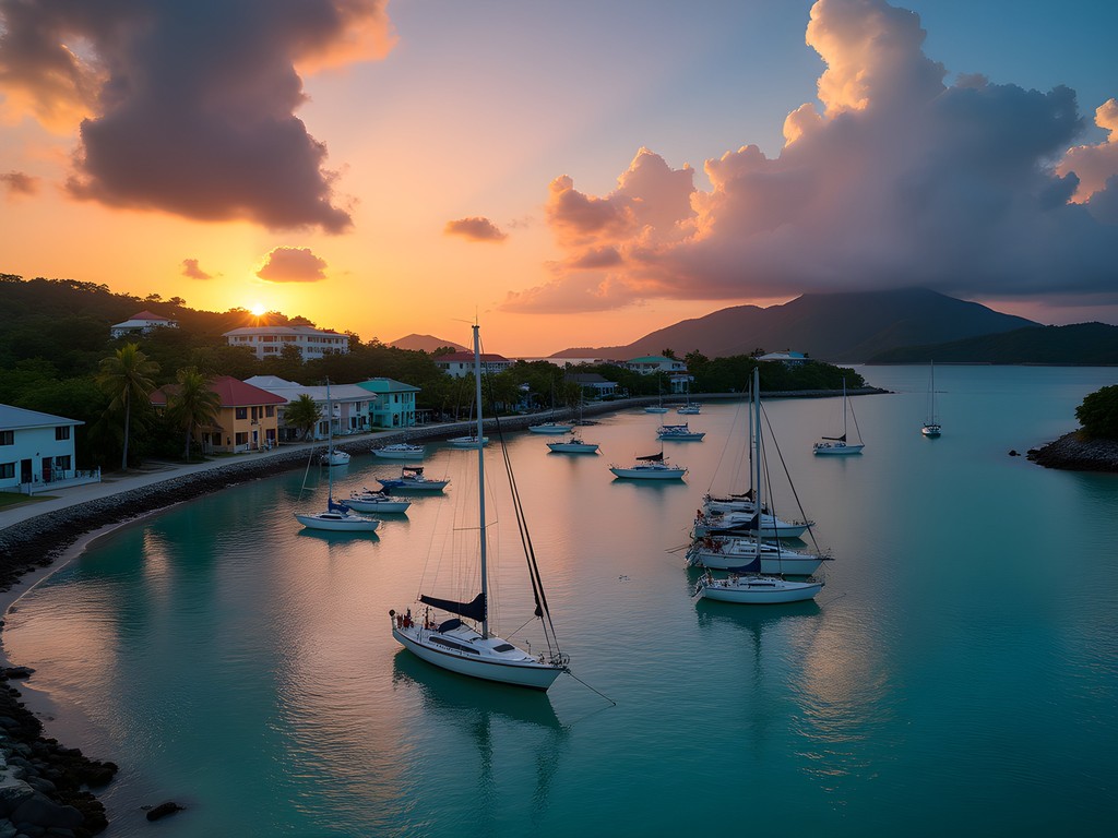 Sailboats anchored in Admiralty Bay, Bequia at sunset with dramatic clouds