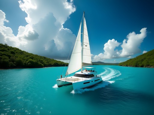 Luxury catamaran sailing between Saint Vincent and the Grenadines islands