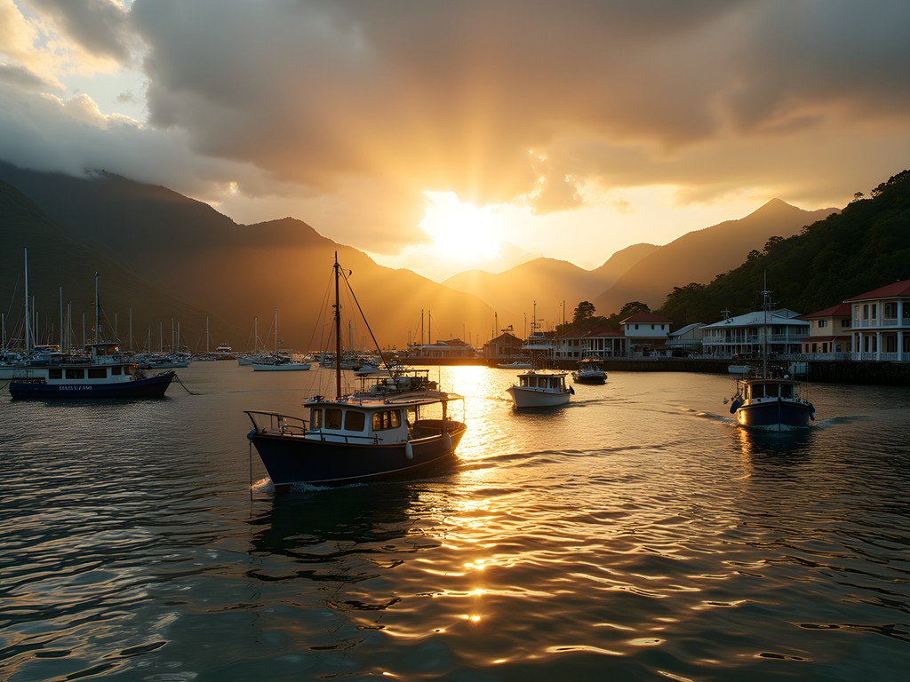 Georgetown harbor at sunrise with La Soufrière volcano in background