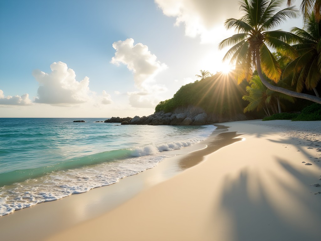 Sunrise at Macaroni Beach on Mustique island with perfect crescent shoreline