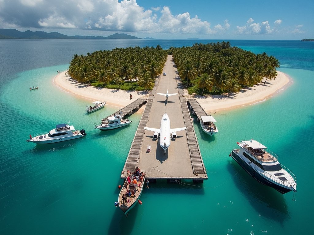 Unique island airport arrival at Gizo with boats transferring passengers from the airstrip