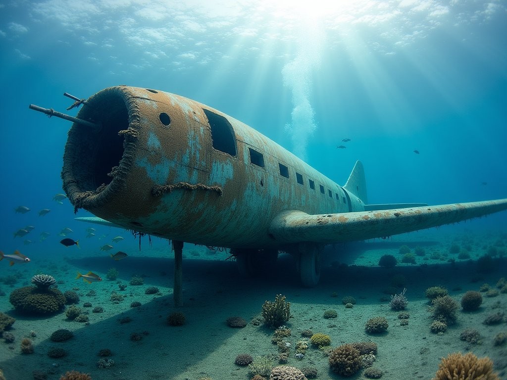 Underwater wreck of Japanese Zero fighter plane with coral growth and fish in Gizo