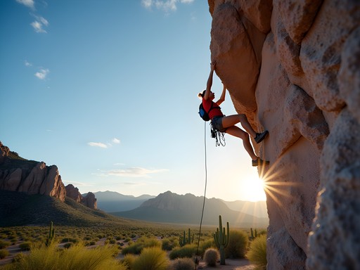 Rock climber ascending granite face with desert valley views at Pinnacle Peak