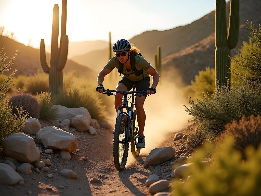 Mountain biker navigating rocky desert trail with saguaro cacti in White Tank Mountain Regional Park