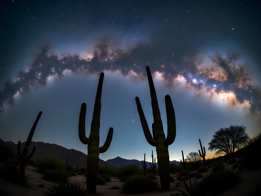 Milky Way galaxy over silhouetted saguaro cacti in Estrella Mountain Regional Park