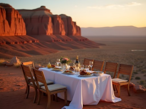 Elegant sunset dinner setup overlooking the dramatic red Flaming Cliffs of Bayanzag in Mongolia