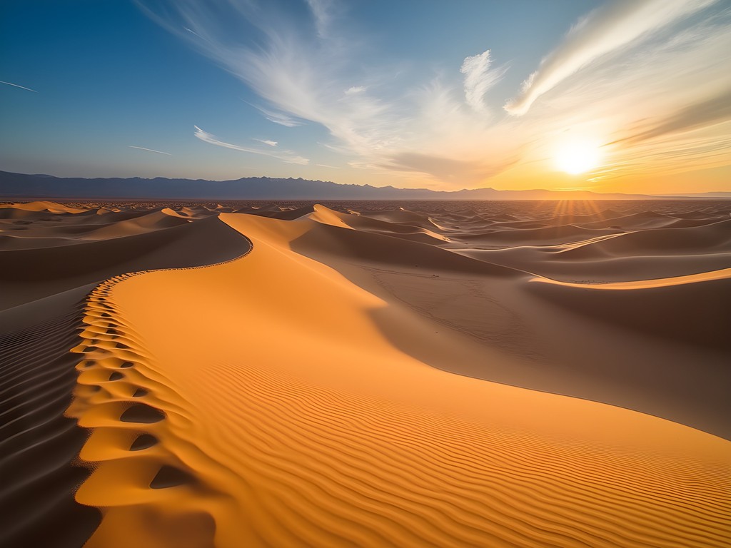 Golden sunrise over the massive Khongoryn Els sand dunes in Mongolia's Gobi Desert