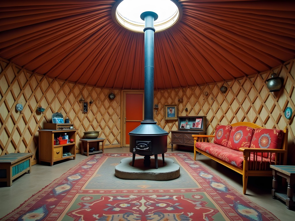 Interior of traditional Mongolian ger showing colorful furnishings and central stove with nomadic family