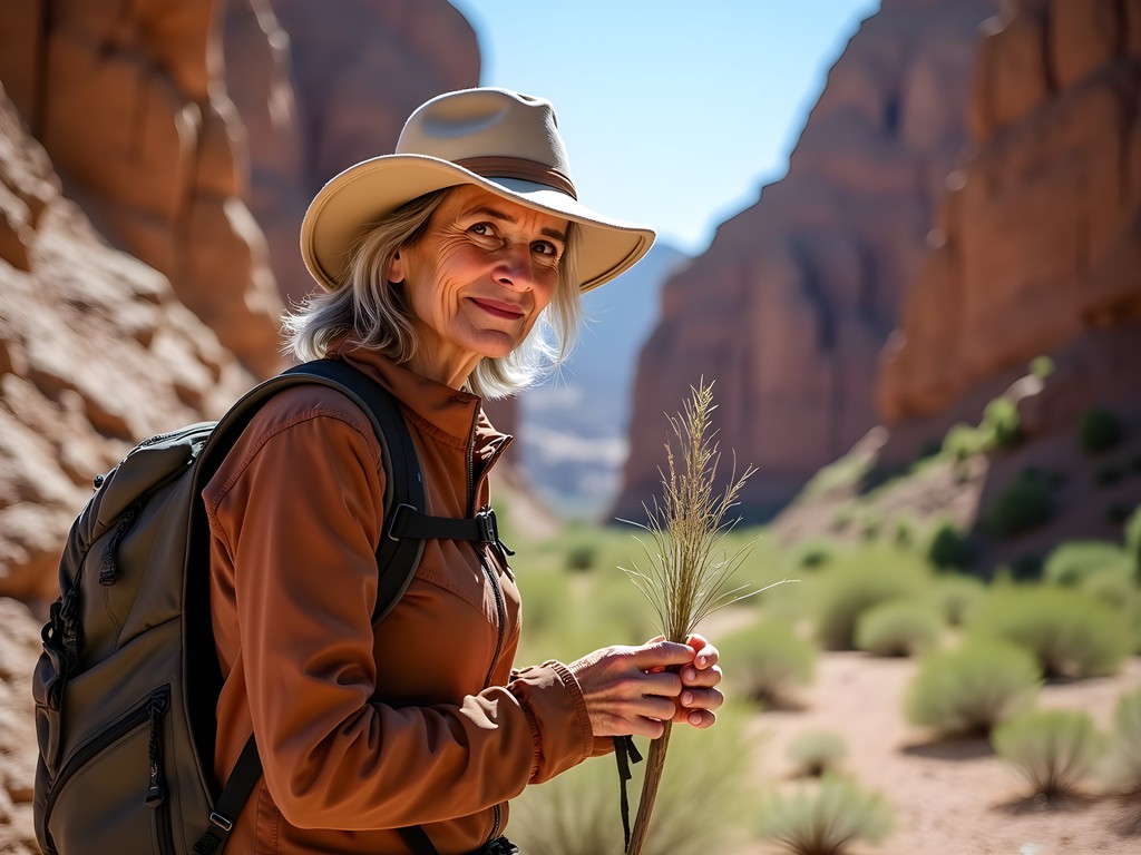 Woman explorer examining plant life in the dramatic rocky canyon of Yolyn Am in Mongolia