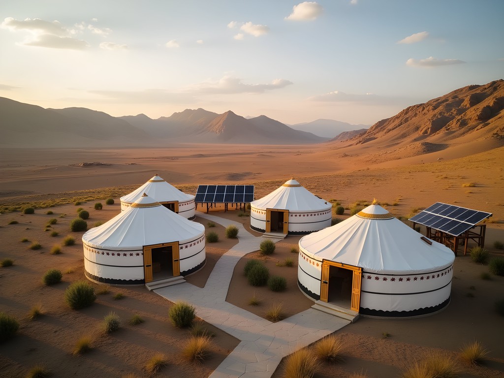 Eco-friendly luxury ger camp with solar panels and traditional architecture in Mongolia's Gobi Desert