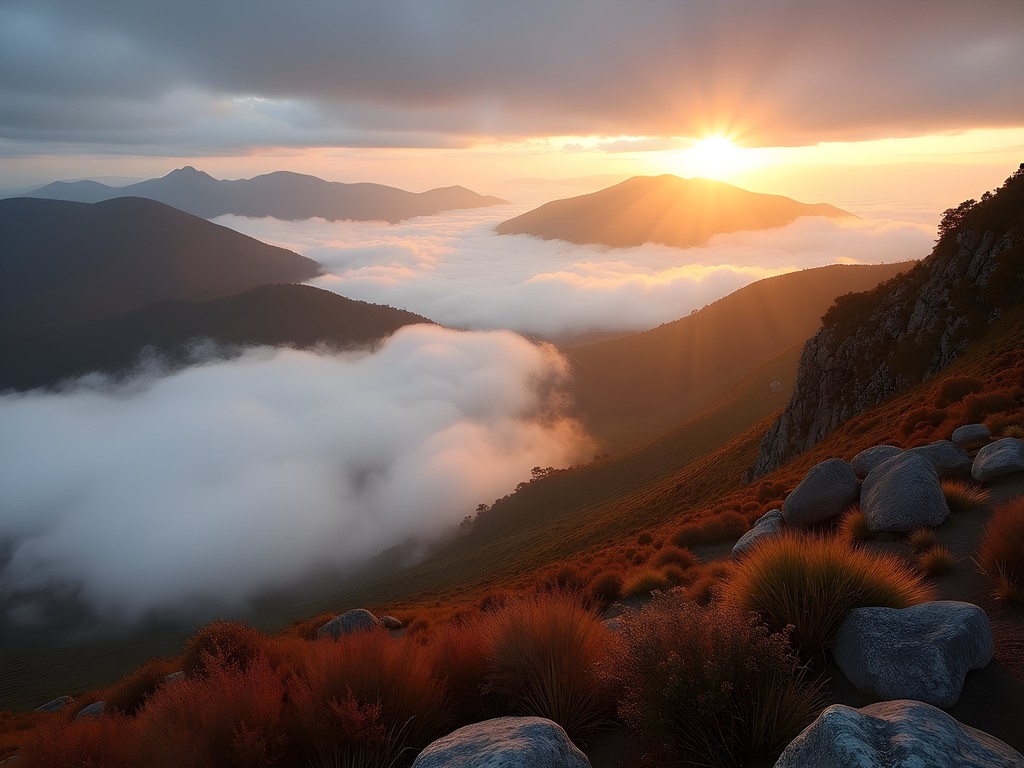 Morning mist filling valleys below Chatauqua Peak with sunlight breaking through