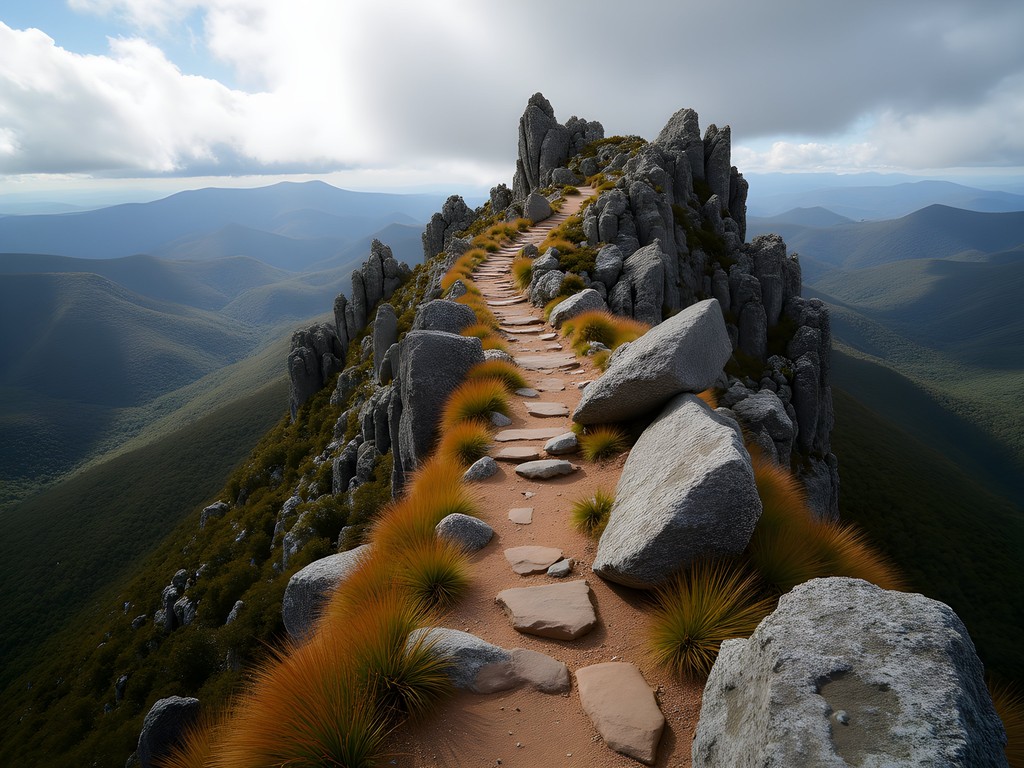 Hiker traversing the rocky ridgeline on Mount Rosea with expansive Grampians views