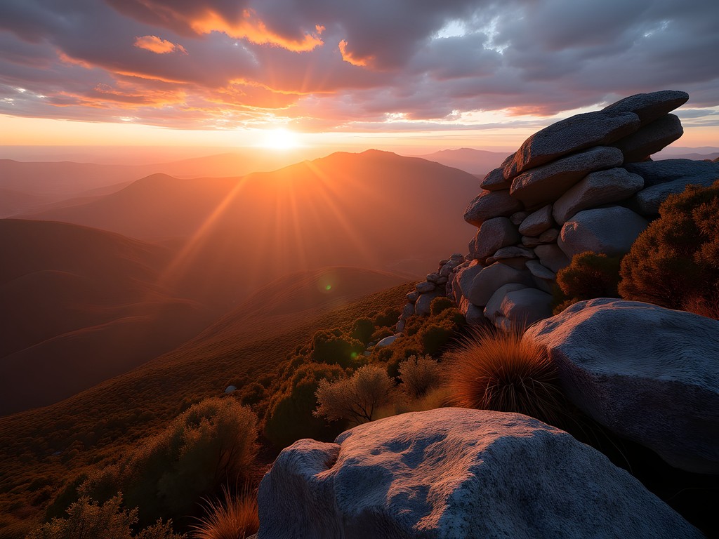Golden morning light illuminating Mount Sturgeon's summit rocks with views of the Grampians range