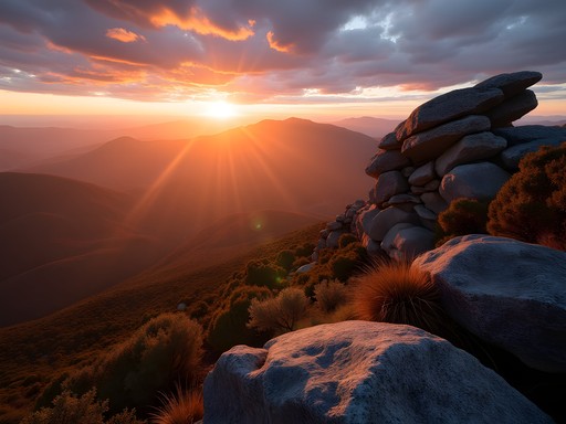 Golden morning light illuminating Mount Sturgeon's summit rocks with views of the Grampians range