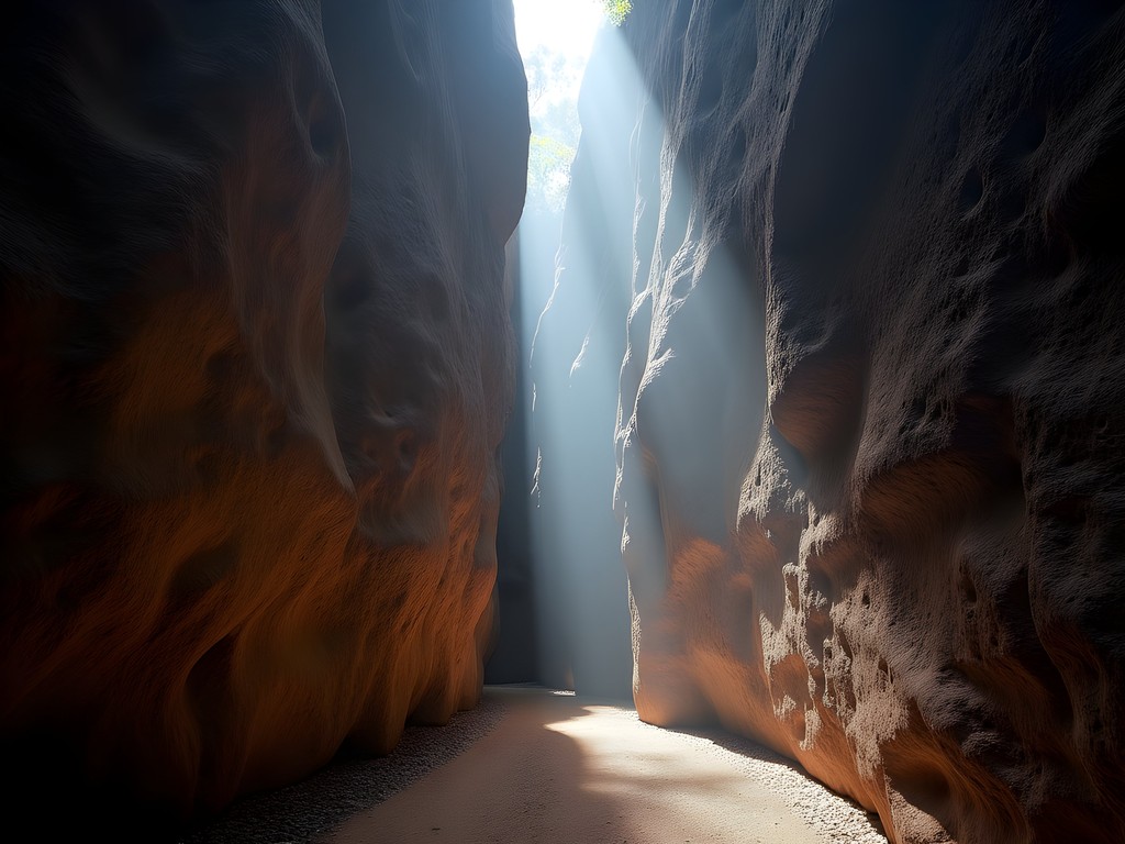 Light beams filtering through narrow Silent Street rock corridor on Wonderland Loop