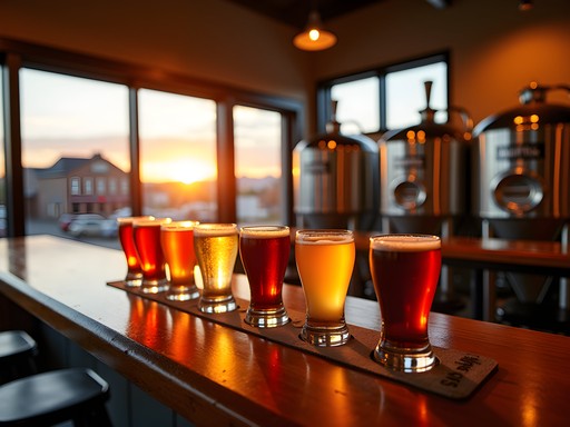 Craft beer flight at Mighty Mo Brewing with sunset view of Great Falls