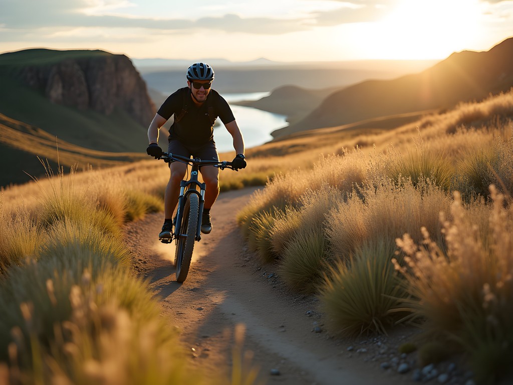 Mountain biker on South Shore Trail with Missouri River views in Great Falls, Montana