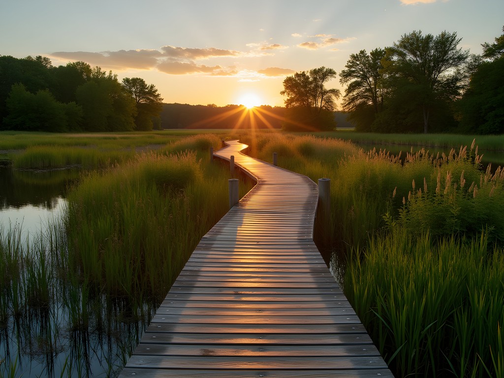 Wooden boardwalk trail through wetlands at Bay Beach Wildlife Sanctuary in Green Bay