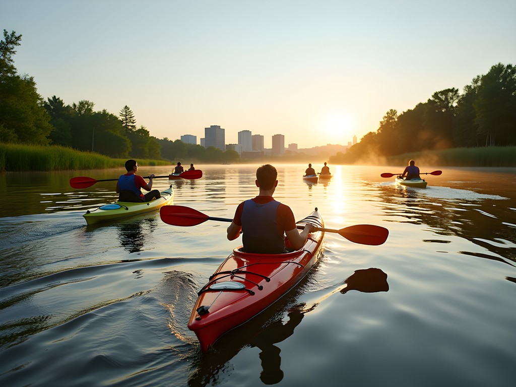 Kayaker paddling on the Fox River in Green Bay with city skyline in background