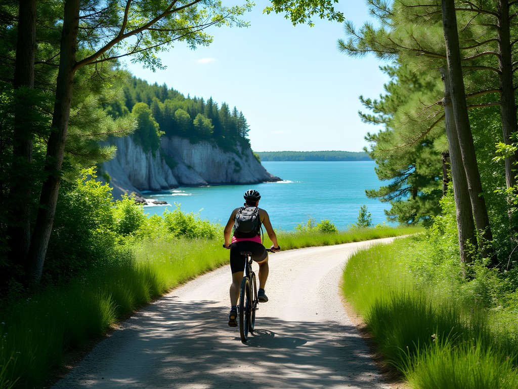 Cyclist on Sunset Trail with view of Lake Michigan shoreline at Peninsula State Park