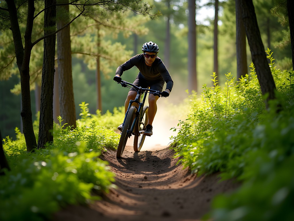 Mountain biker navigating wooded single-track trails at Brown County Reforestation Camp