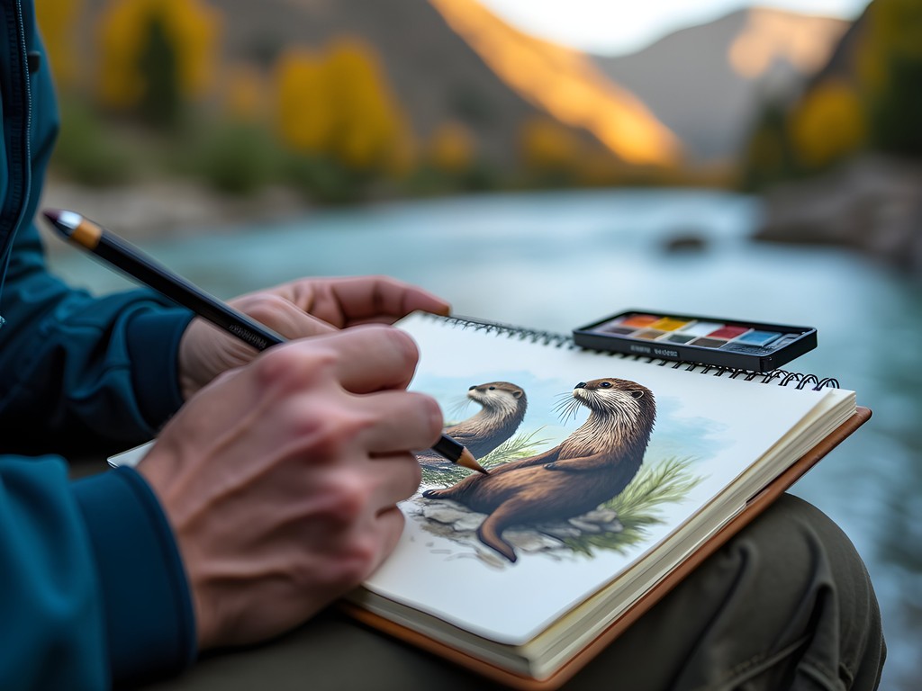 Artist sketching wildlife from riverside in Green River canyon