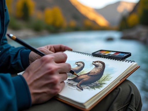 Artist sketching wildlife from riverside in Green River canyon