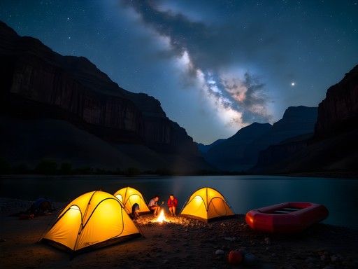 Nighttime campsite on Green River shore with starry sky and tents