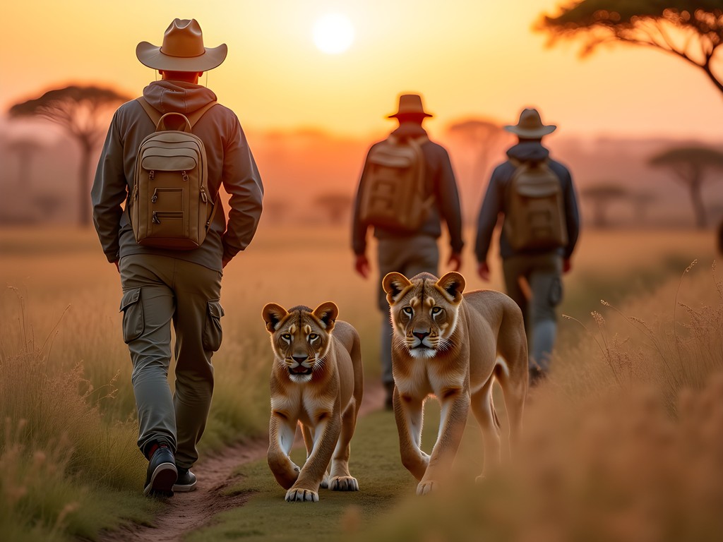 Walking with sub-adult lions at Antelope Park conservation program in Gweru, Zimbabwe