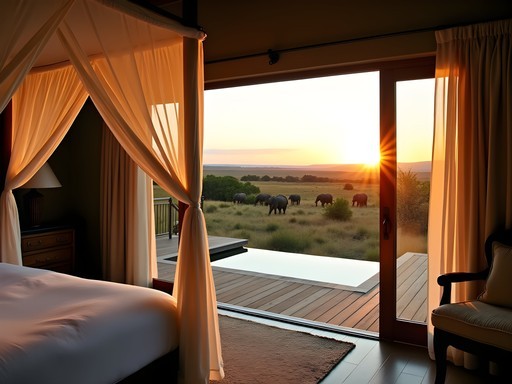 Luxury safari accommodation with private deck overlooking waterhole at sunset in Gweru region