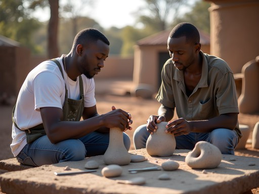 Local Shona artist teaching traditional stone sculpting techniques to visitor in outdoor workshop near Gweru