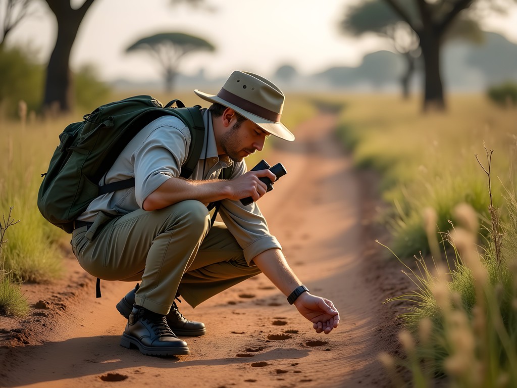 Local guide demonstrating wildlife tracking techniques during walking safari in Somabhula Nature Reserve, Zimbabwe
