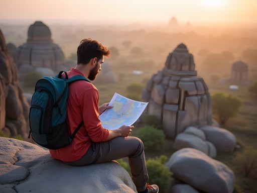 Climber studying bouldering guidebook with Hampi boulder field and ruins in background