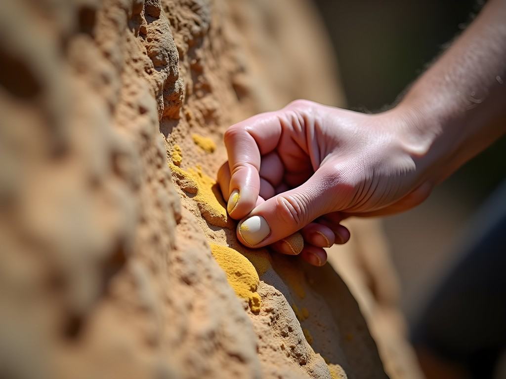 Climber using eco-friendly chalk against golden Hampi granite