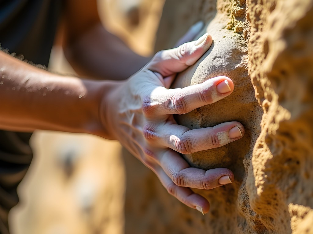 Close-up of climber's hands gripping rounded granite sloper hold in Hampi