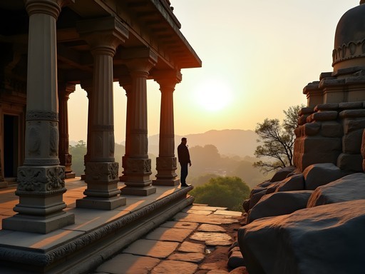 Ancient Hampi temple architecture with granite boulders and climber in background