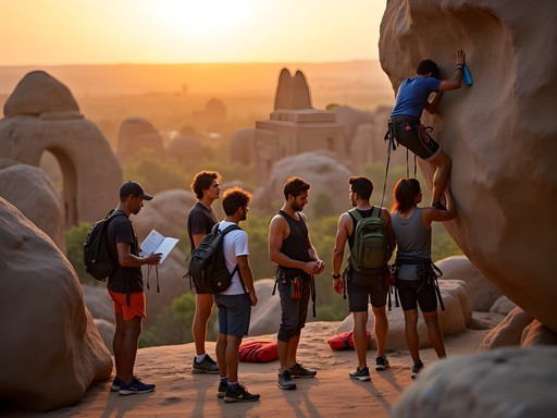 Diverse group of climbers sharing beta and spotting each other at sunset in Hampi