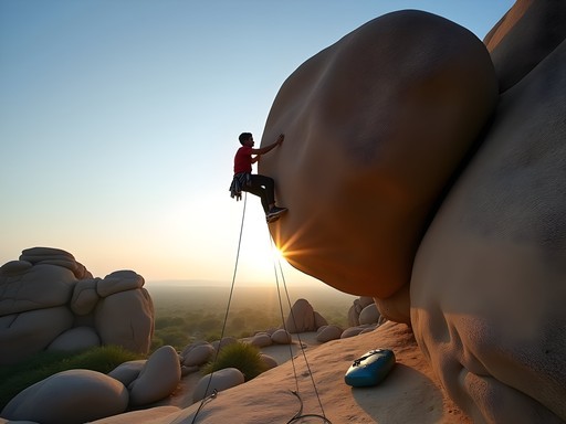 Climber ascending boulder problem in perfect winter morning light in Hampi