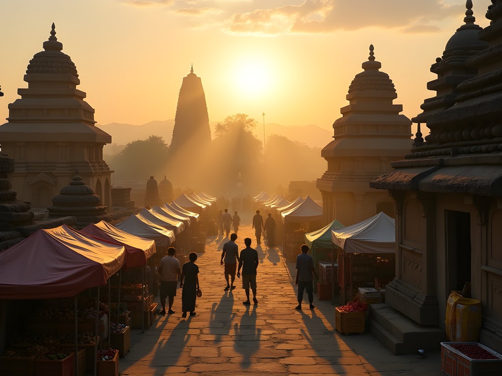 Early morning market scene in Hampi with ancient temple ruins in background