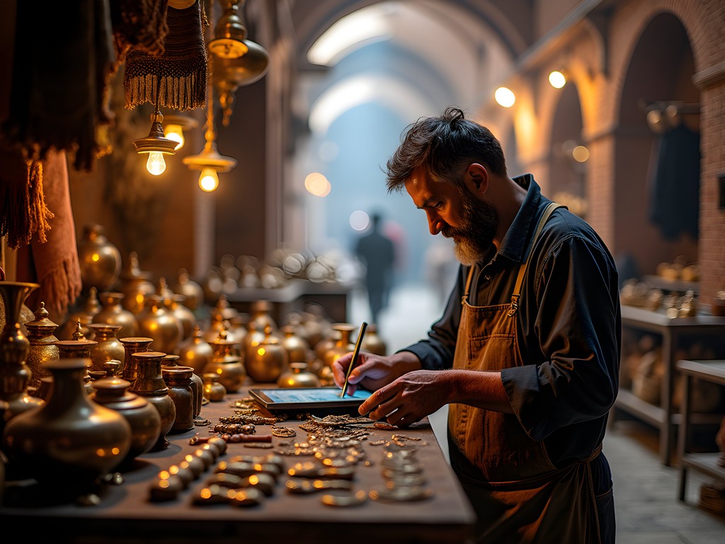 Traditional craftsman using modern techniques in Isfahan's historic bazaar